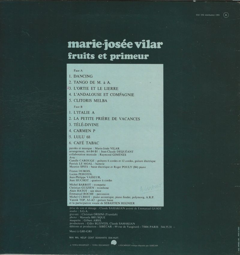 Marie José VILAR 33T Escargot ESC 370 Fruits et Primeur – Image 2