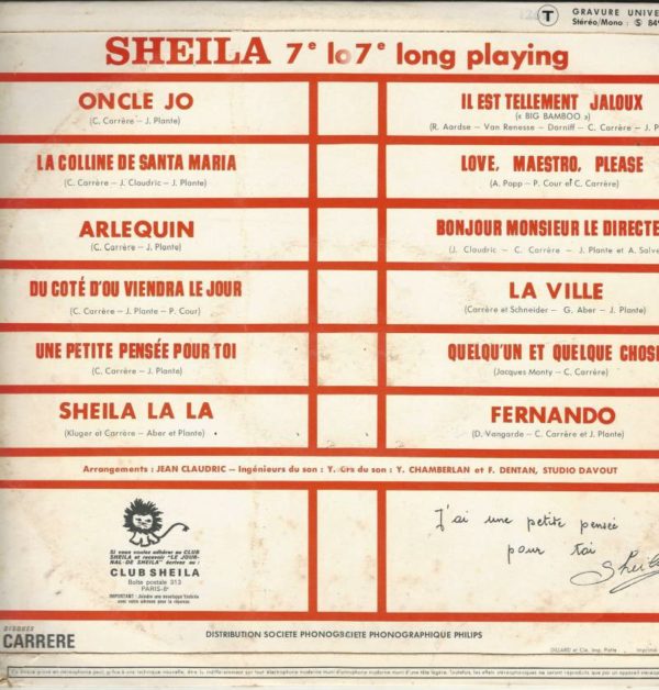 SHEILA 33T Carrere 849 496 BY 7e Long Playing Oncle Jo – Image 2