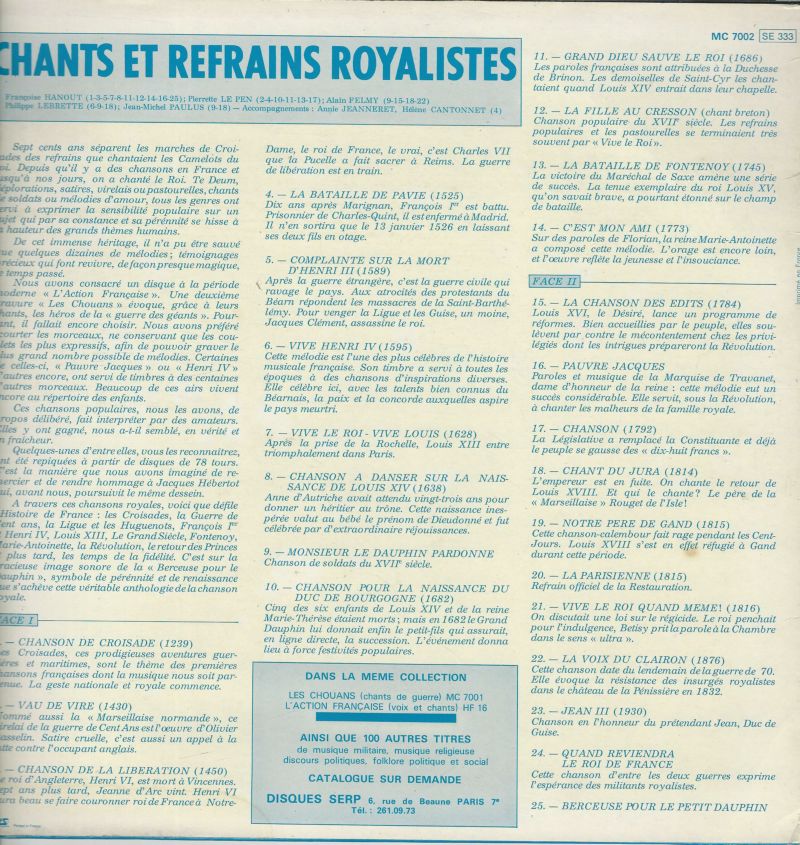 CHANTS ET REFRAINS ROYALISTES 33T SERP MC 7002 – Image 2