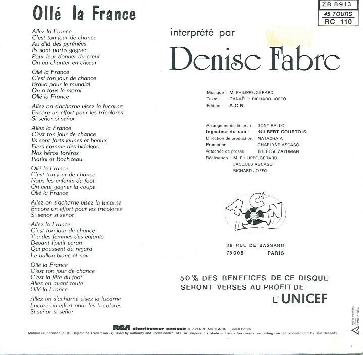 Denise FABRE 45SP RCA ZB 8913 Ollé la France La chanson du mundial – Image 2