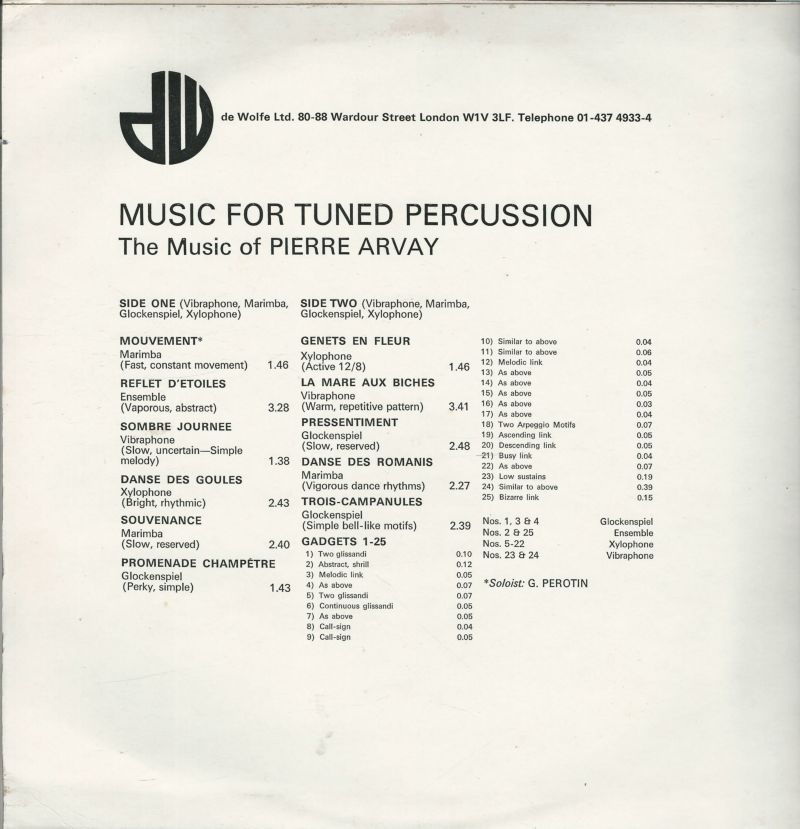 Pierre ARVAY 33TD De Wolfe DW/LP 3260 Music for Tuned Percussion – Image 2