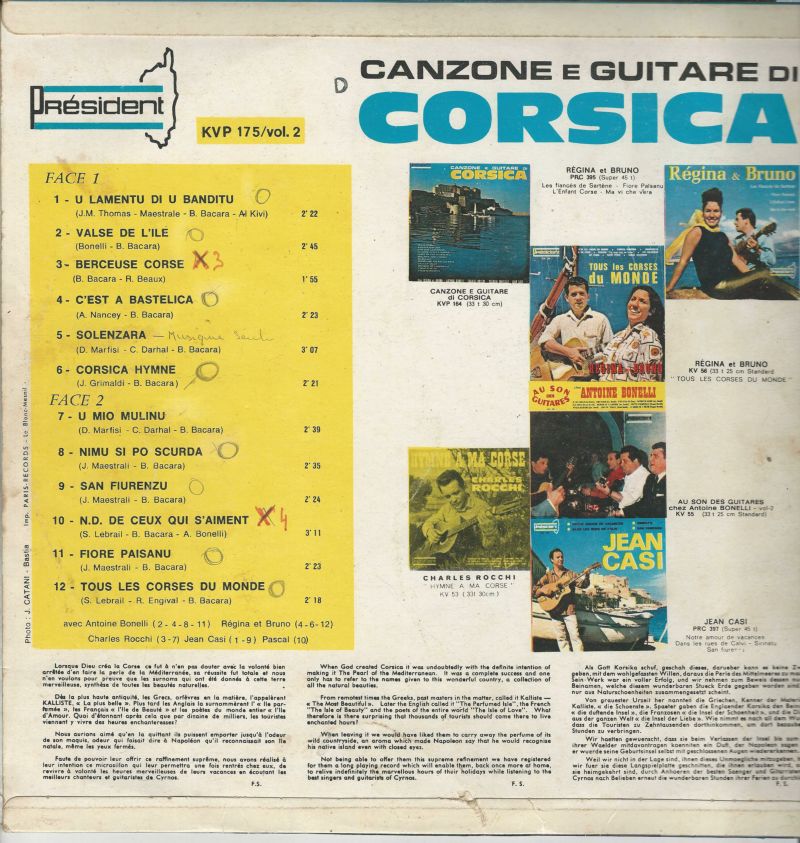 Antoine BONELLI-REGINA ET BRUNO-Charles ROCCHI-PASCAL-Jean CASI: 33T Président KVP 175 Canzone et Guitare di Corsica VOL 2 – Image 2