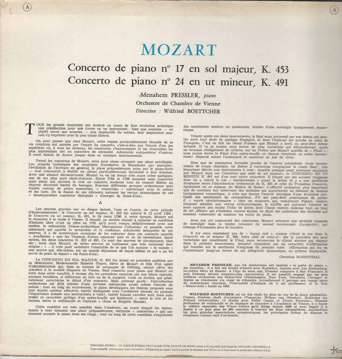 Menahem PRESSLER 33T Guilde Internationale du Disque SMS 2487 Mozart: Concertos de piano en sol majeur K 453 / en ut mineur K 491 – Image 2