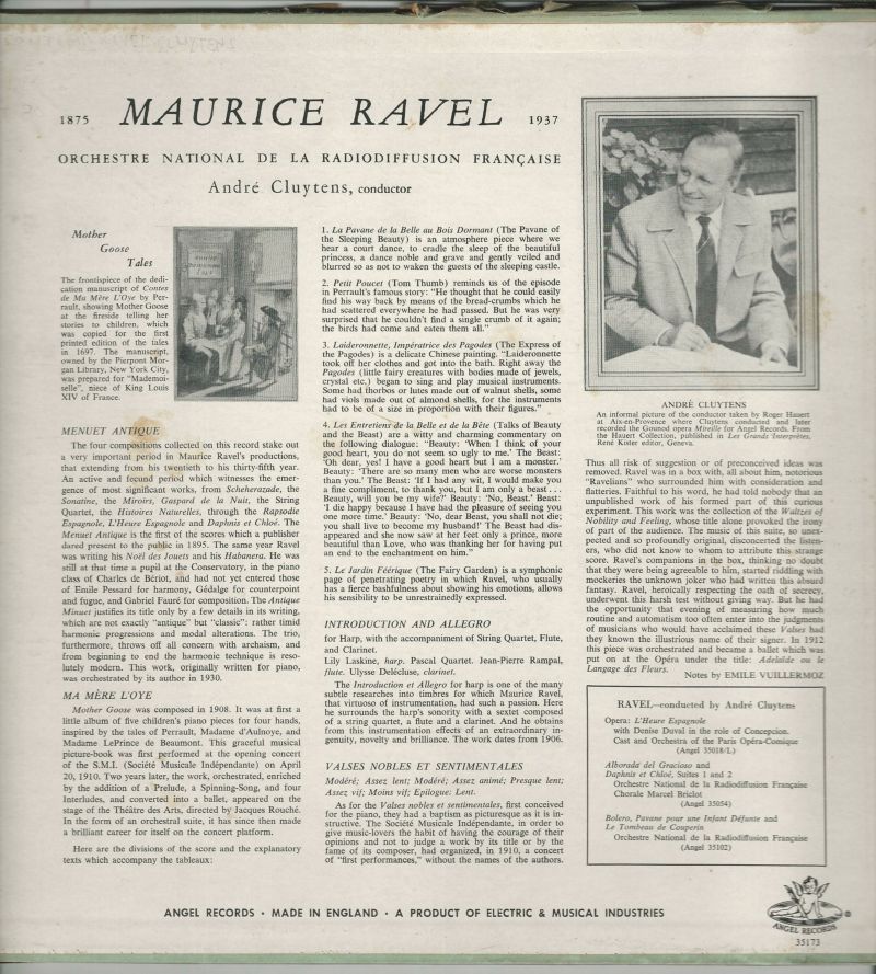 ANDRE CLUYTENS 33T ANGEL RECORDS 35173 RAVEL VALSES NOBLES ET SENTIMENTALES-MA MERE L OYE-MENUET ANTIQUE +++ – Image 2