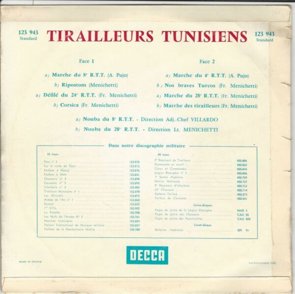 Noubas des 8° R.T.T. et du 24° R.T.T. 33T25 Decca 123 943 Tirailleurs Tunisiens – Image 2