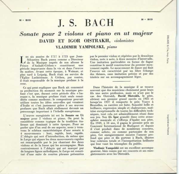 David et Igor OISTRAKH 33T17 GID M 969 Bach: Sonate Pour 2 Violons et Piano en UT Majeur – Image 2