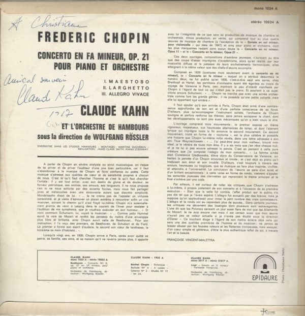 Claude KAHN piano 33T Epidaure 1034 A Chopin: Concerto N° 2 en FA Mineur – Image 2