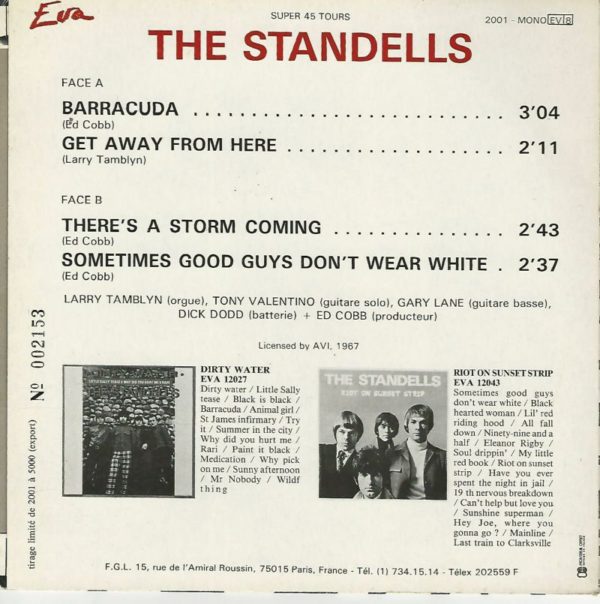 THE STANDELLS 45EP Eva 2001 Barracuda-Get Away From Here / There's A Storm Coming-Sometimes Good Guys Don't Wear White – Image 2