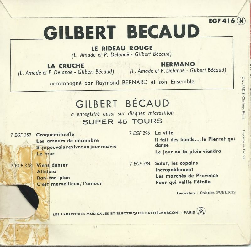 Gilbert BECAUD 45EP La Voix De Son Maître EGF 416 Le Rideau Rouge-La Cruche / Hermano – Image 2
