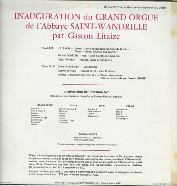 Gaston LITAIZE 33T Corélia CC 76 884 Inauguration du Grand Orgue de l'Abbaye Saint Wandrille – Image 2