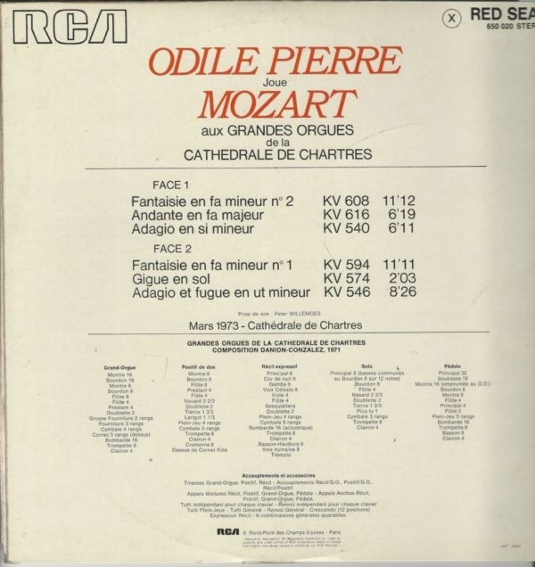 Odile PIERRE 33T RCA Red Seal Stéréo 650 020 Joue Mozart aux grandes Orgues de la Cathédrale de Chartres – Image 2