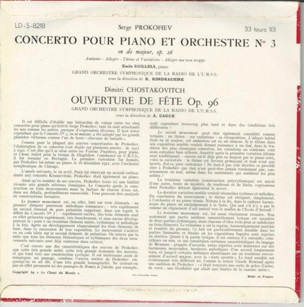 Emile GUILLELS piano 33T25 CDM LD S 8218 Prokofiev: Concerto Pour Piano et Orchestre N° 3 DO Majeur OP 26/Chostakovitch: Ouverture de Fête OP 96 – Image 2