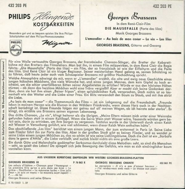 Georges BRASSENS 45 EP Philips 432 203 PE Chante du Film: Porte Des Lilas: Portes des Lilas: L'amandier-Au bois de mon coeur / Le vin-Les lilas Etat E/E – Image 2