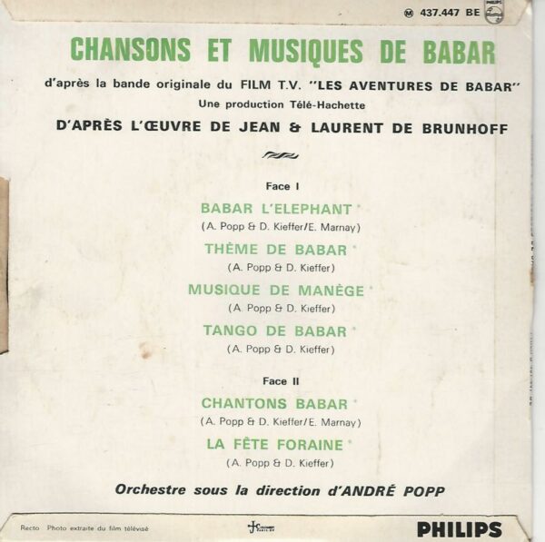 Chansons et Musiques de BABAR 45EP Philips 437 447 BE D'après La Bande Originale Du Film TV: Les Aventures de Babar – Image 2