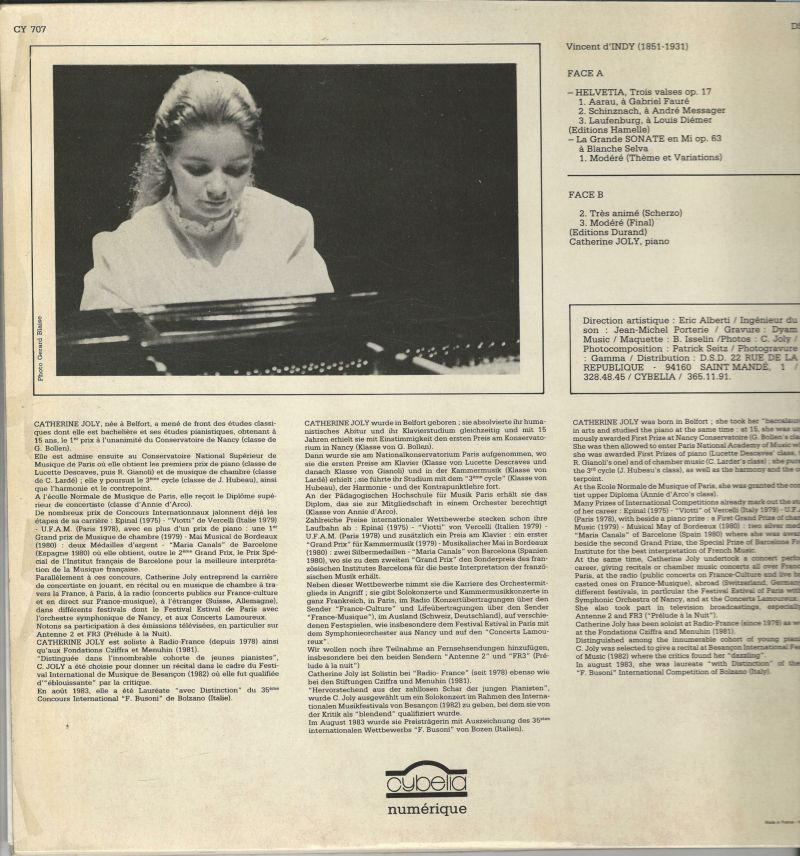 Catherine JOLY piano 33T Cybelia CY 707 D'Indy Helvetia / Sonate en MI – Image 2